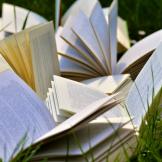 open books outside on the grass