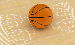 basketball with tournament bracket graphic